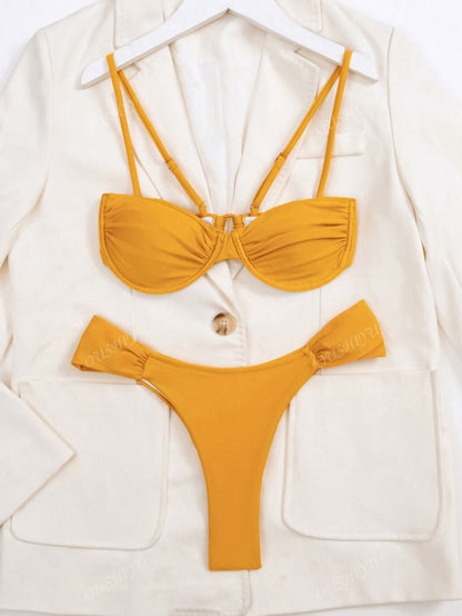 4422M conjunto de bikini unicolor estilo europeo amarillo