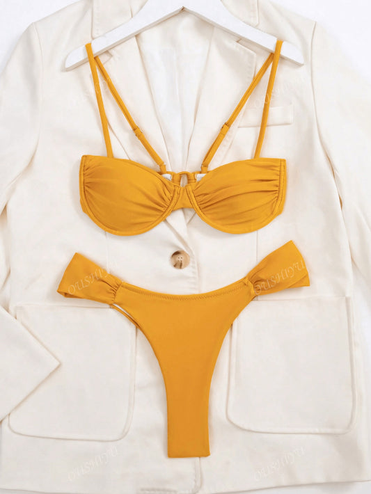 4422M conjunto de bikini unicolor estilo europeo amarillo