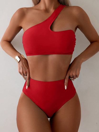 7812M swim conjunto de bikini unicolor sexy con escote halter rojo