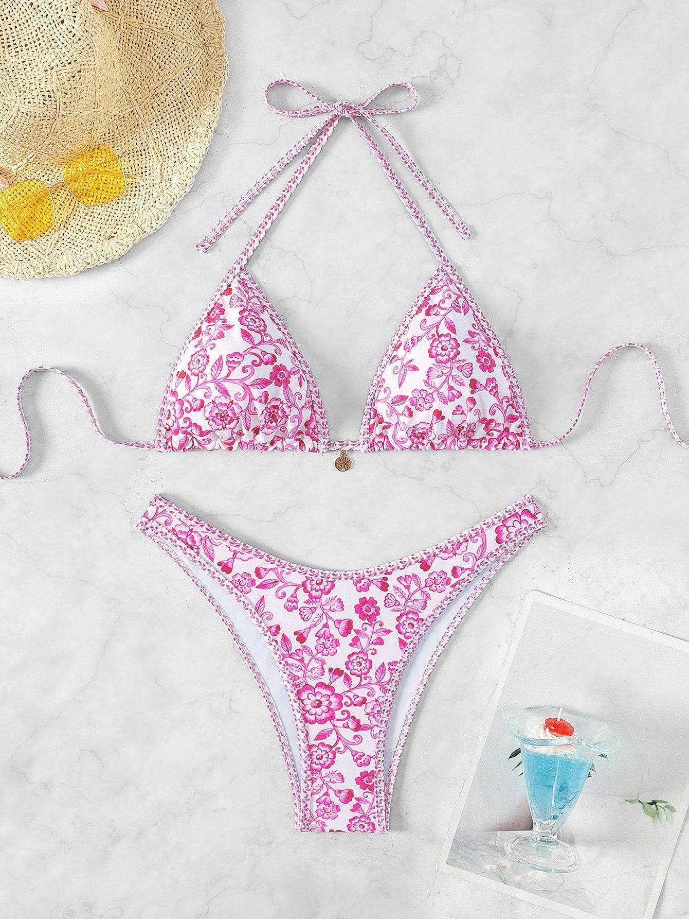 1236S conjunto de bikini sexy de cuello halter impreso con flores